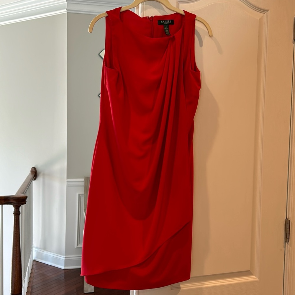 Ralph Lauren red dress worn once, flattering pleats in front. Great dress!